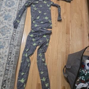 Hanna Andersson Gray Pajama Set with Green Dinosaur Print